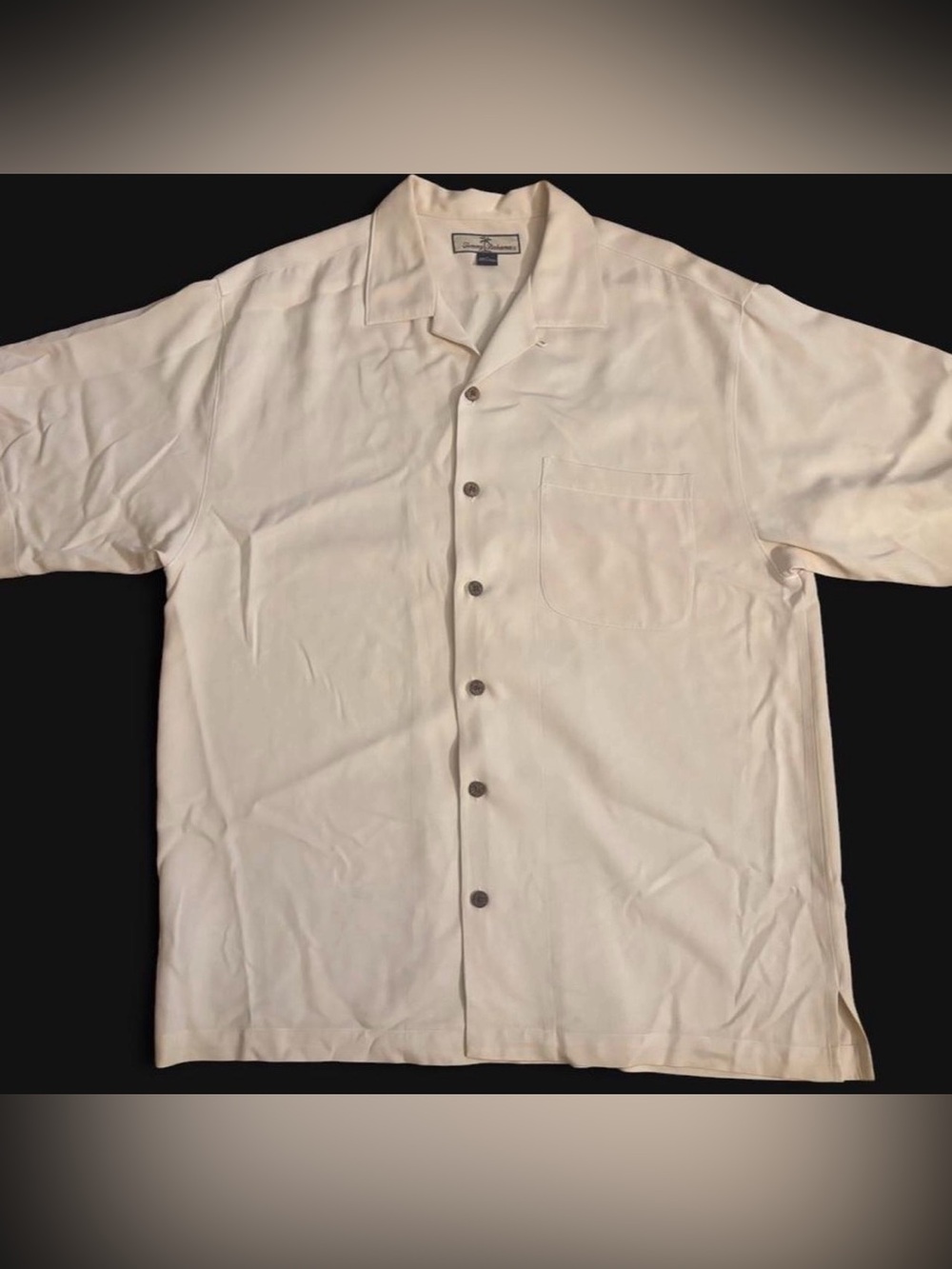 Tommy Bahama Men's M Reg Solid 100% Silk Button-Up Shirt Front Pocket Beige
